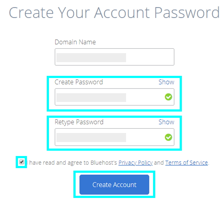Create your Bluehost account password.