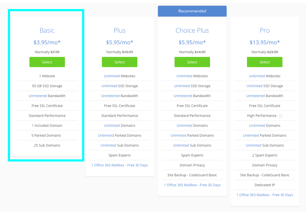 Select your Bluehost plan options
