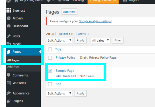 Delete a sample page in WordPress.